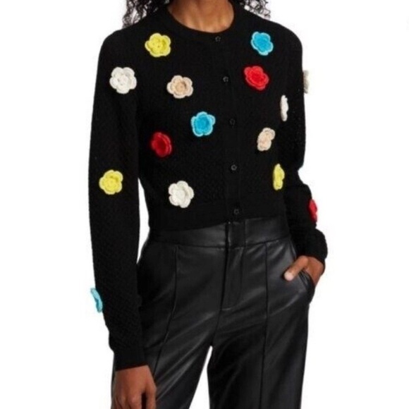 Alice + Olivia Selma Floral Colorful Crochet Pointelle Cardigan {$440} Buttons M - Picture 6 of 11